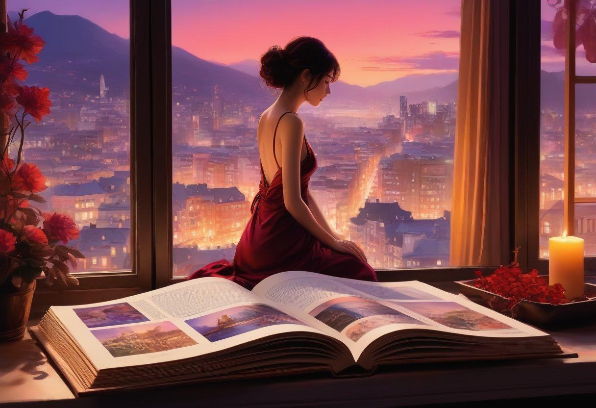 An enchanting scene depicting an open adult manga book, its pages filled with intricate, sensual illustrations and expressive characters. Surrounding the book are soft, glowing lights and ethereal wisps that symbolize the allure of storytelling. In the background, suggestive silhouettes of an urban cityscape and layered visuals of hearts and subtle erotic motifs faintly blend. The color palette should be rich and inviting, with deep reds, purples, and golds creating a mood of intimacy. painterly style. vibrant colors. soft lighting.