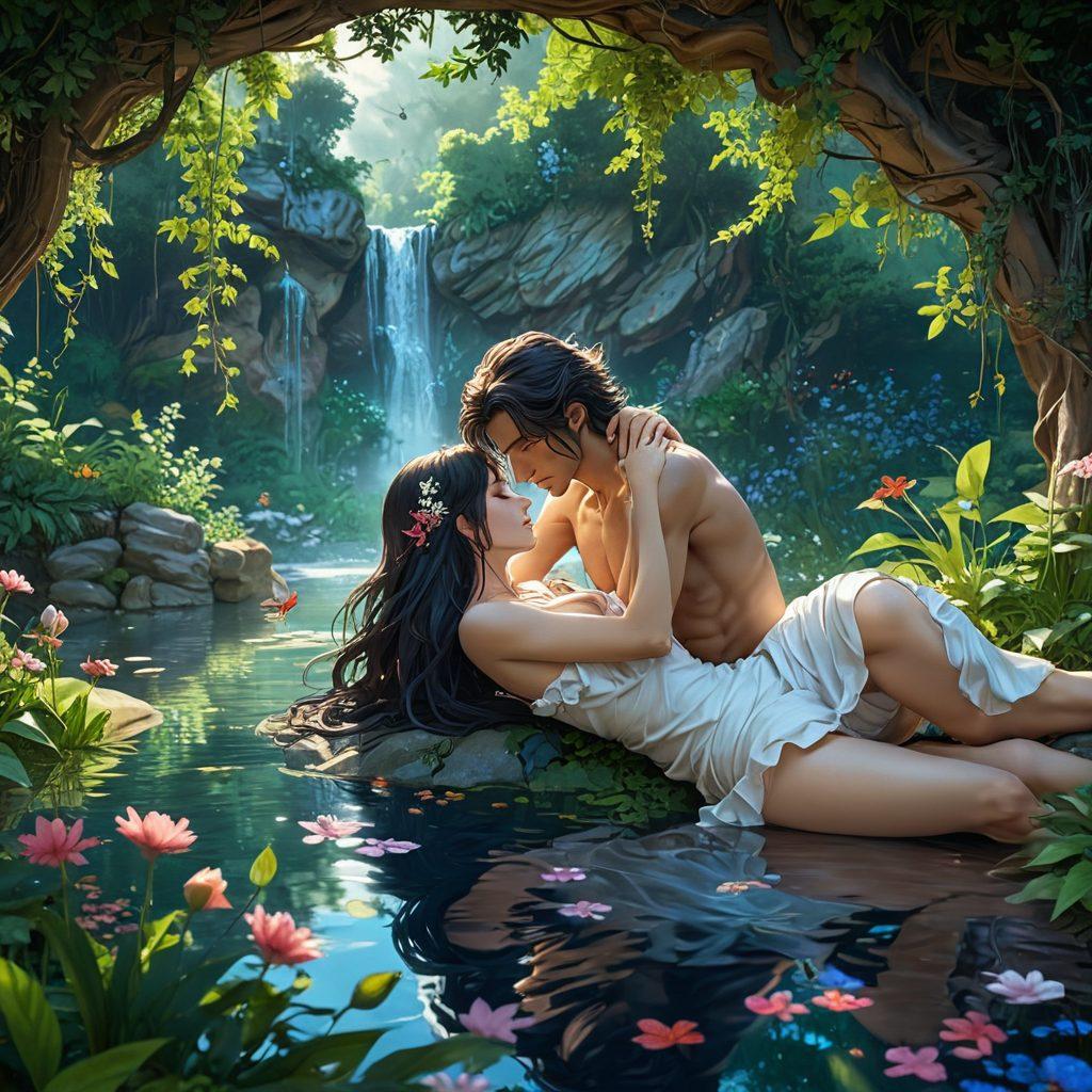 A captivating scene depicting a vibrant and sensual anime world, featuring dynamic characters in a tastefully erotic embrace amidst a lush, fantastical landscape. The use of rich colors and intricate details captures the allure of adult anime, showcasing expressive faces and flowing hair. Elements like delicate petals and subtle motifs allude to the erotic art style, while maintaining an artistic balance. super-realistic. vibrant colors. fantasy art.